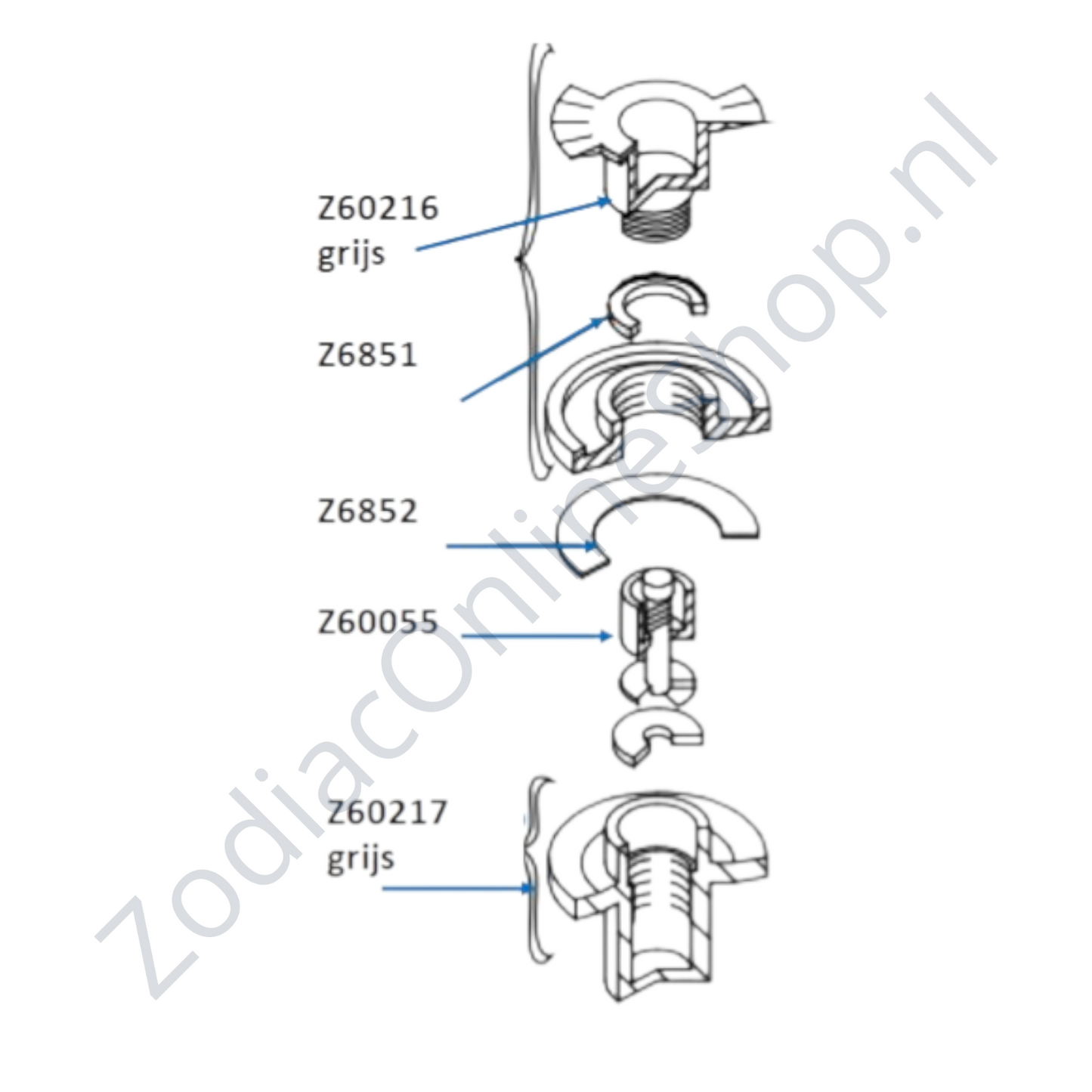 Overzicht ventiel opbouw - oudere Zodiac ventielen